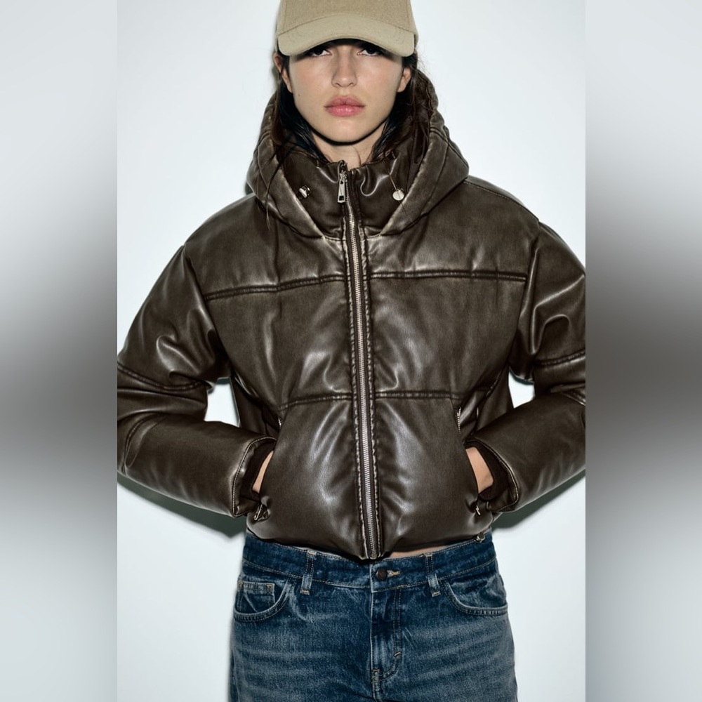 ZARA FAUX LEATHER CROPPED PUFFER ANORAK